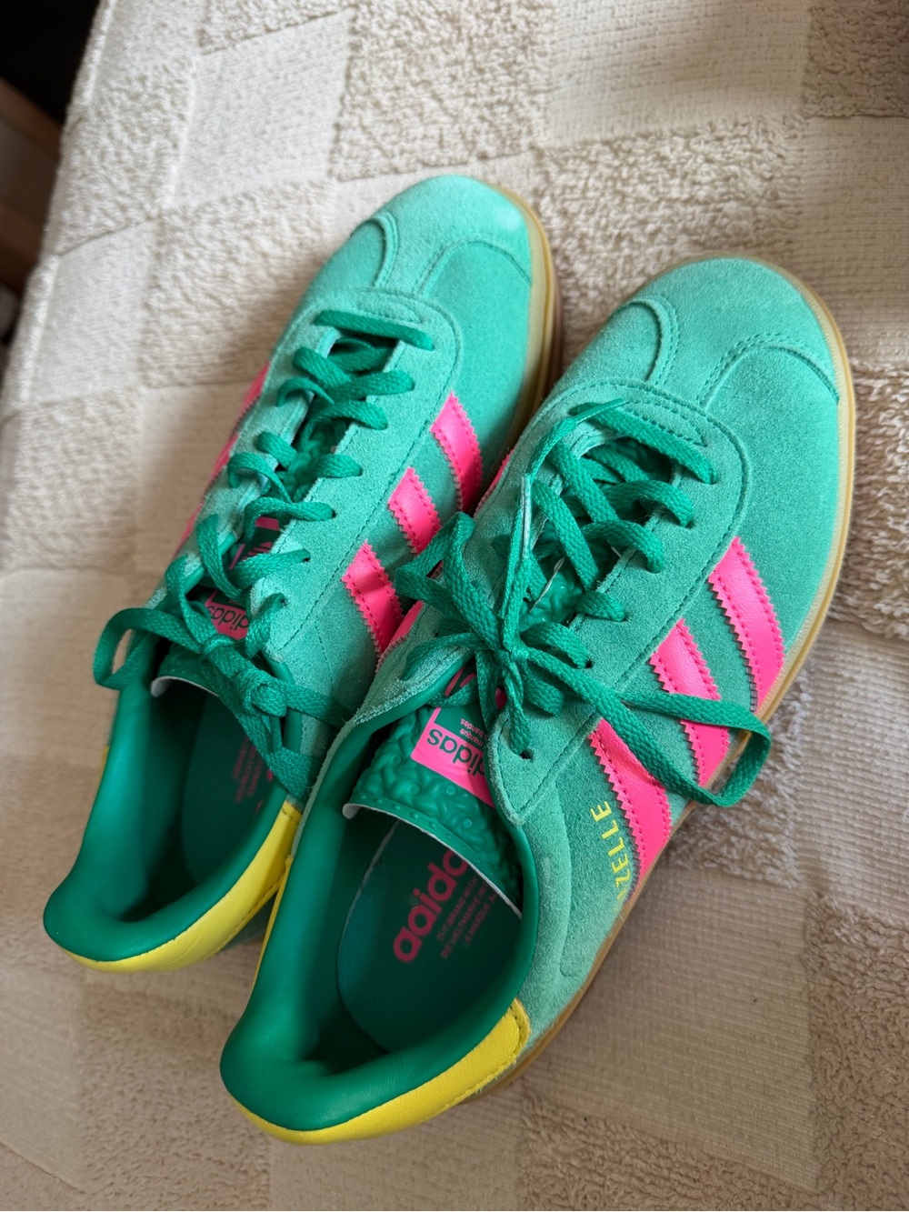adidas Green and Pink Gazelle-style Sneakers with Yellow Heel